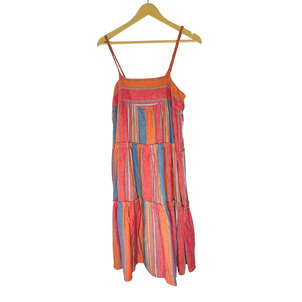 dRA Los Angeles Striped Tiered Midi Dress Womens‎ Small Orange Blue Boho Cotton - Picture 2 of 11